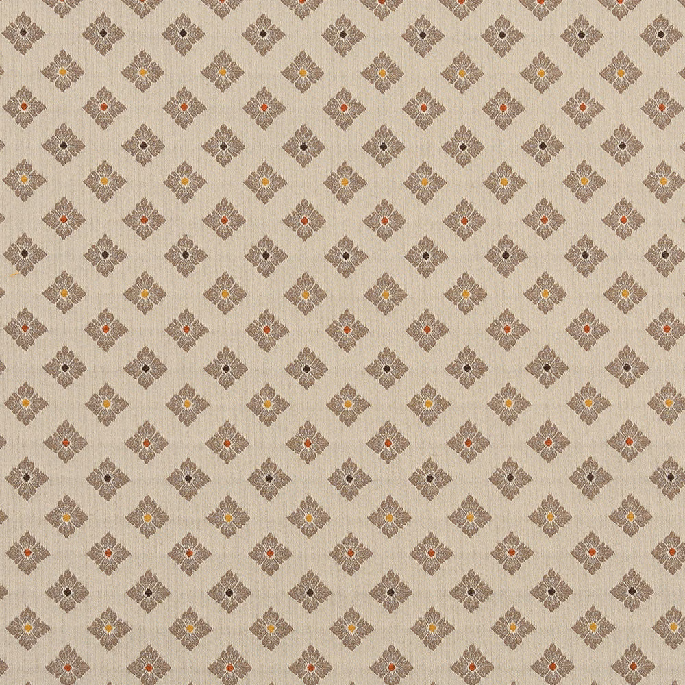 Beige damask-style fabric swatch with small taupe motifs and warm accent dots