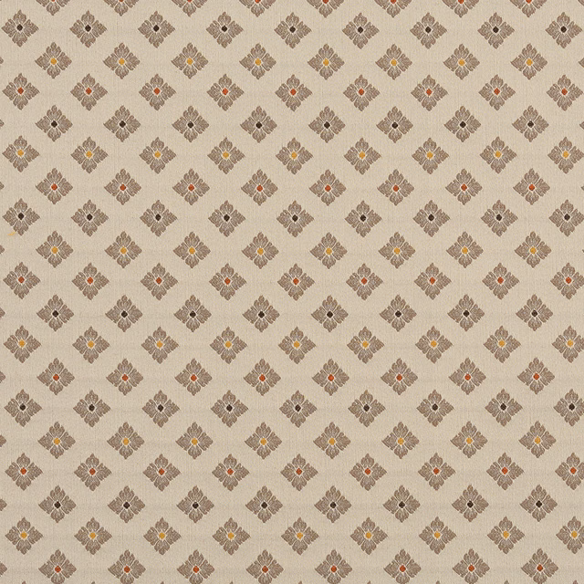 Beige damask-style fabric swatch with small taupe motifs and warm accent dots