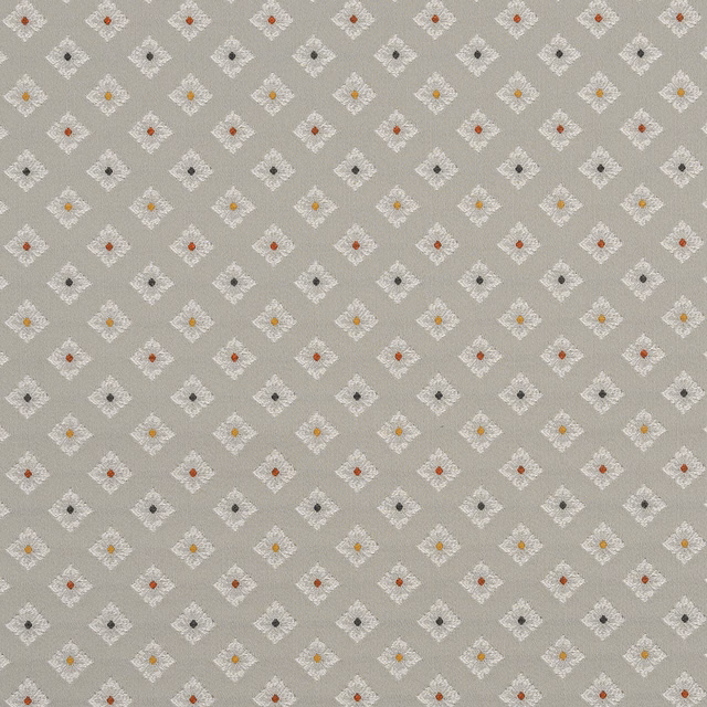 French grey fabric with small ivory diamond motifs and tiny coloured centres