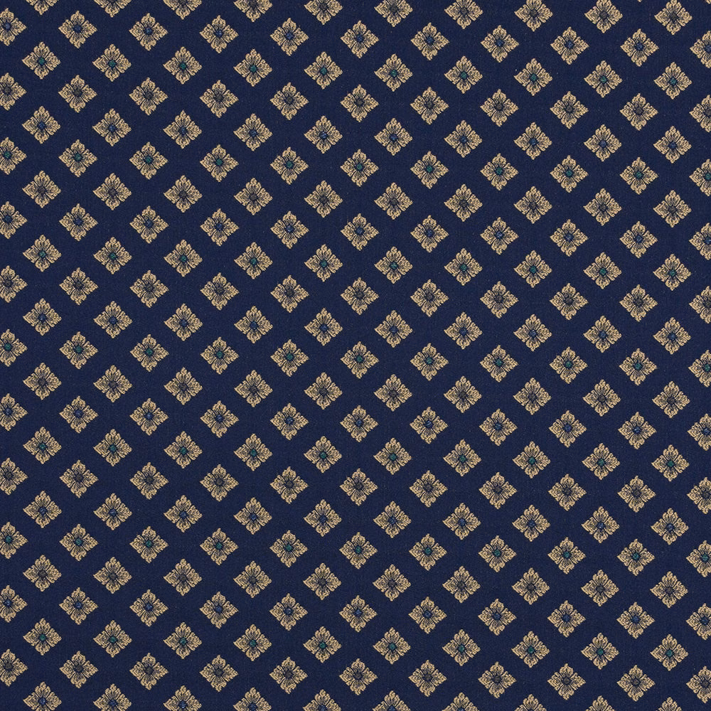 Navy blue fabric with small gold damask motifs and teal centres