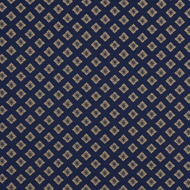 Navy blue fabric with small gold damask motifs and teal centres