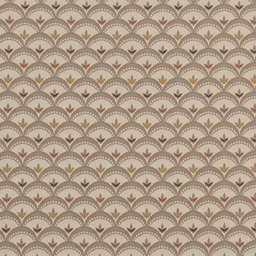 Antique beige scallop-pattern fabric with tiny rust and mustard leaf motifs