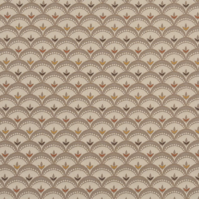 Antique beige scallop-pattern fabric with tiny rust and mustard leaf motifs