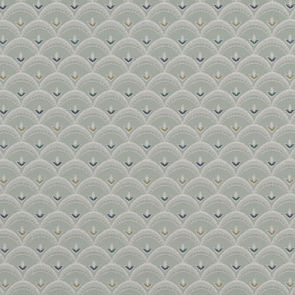 Pale celadon fabric with small scalloped geometric weave and tiny blue-green accents