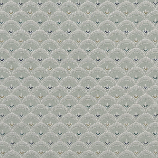 Pale celadon fabric with small scalloped geometric weave and tiny blue-green accents