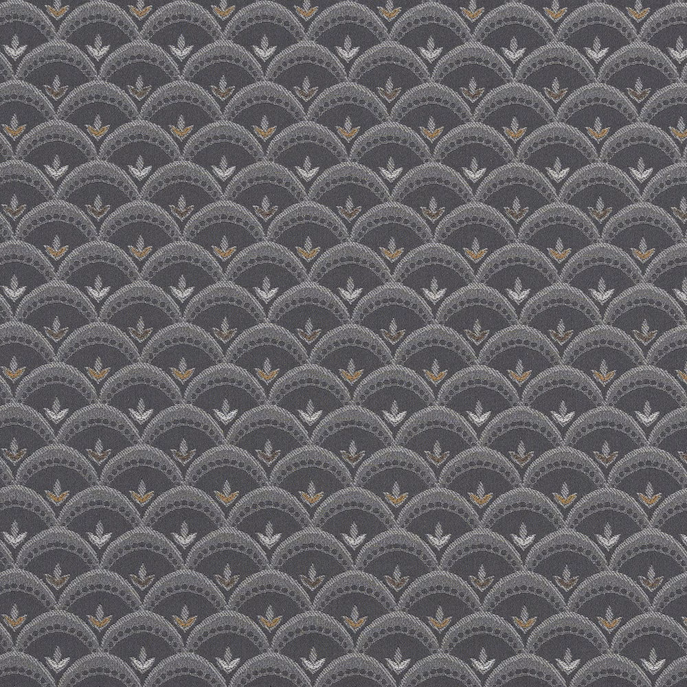 Dark pewter grey fabric with small scalloped repeat and tiny metallic leaf motifs