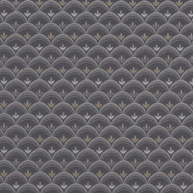 Dark pewter grey fabric with small scalloped repeat and tiny metallic leaf motifs