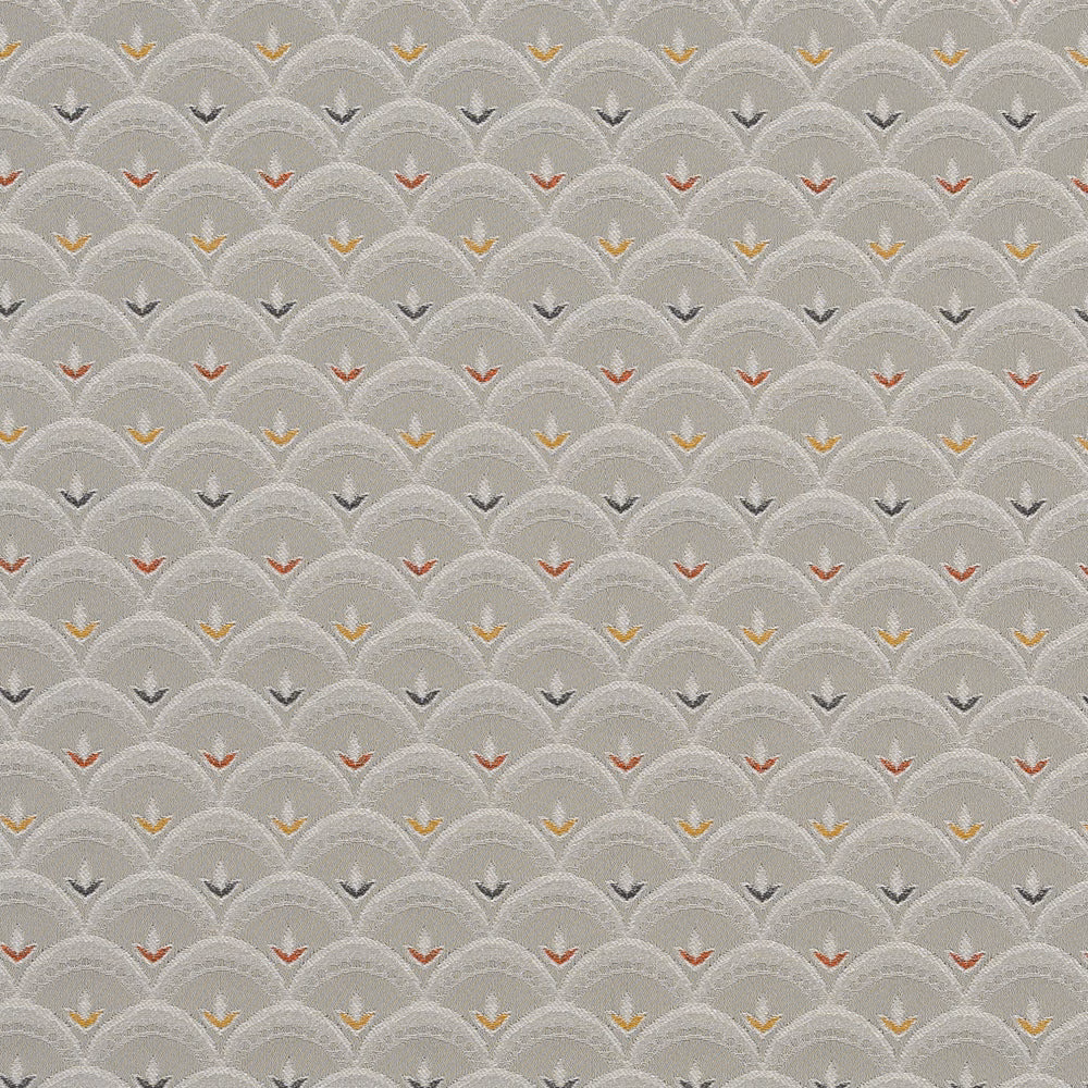Soft French grey fabric with repeating scalloped weave and tiny ochre and rust accents