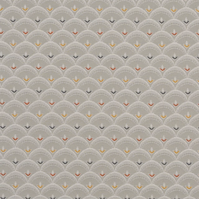 Soft French grey fabric with repeating scalloped weave and tiny ochre and rust accents