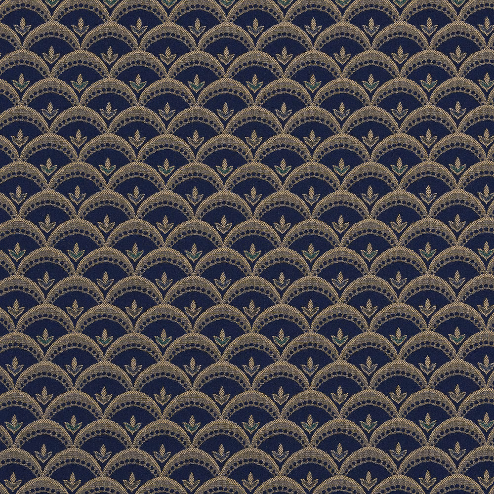 Deep navy woven fabric with gold scalloped arcs and small teal leaf motifs