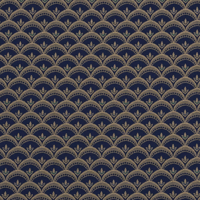 Deep navy woven fabric with gold scalloped arcs and small teal leaf motifs