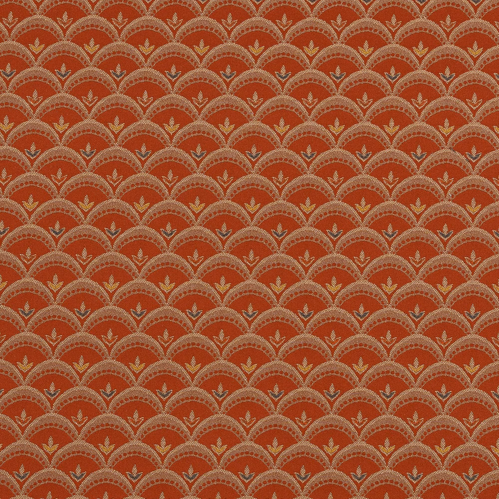 Terracotta patterned fabric with scalloped arches and small leaf motifs