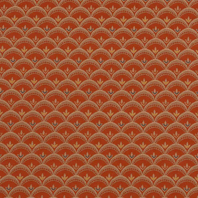Terracotta patterned fabric with scalloped arches and small leaf motifs