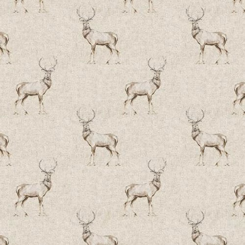 Natural beige cotton fabric with repeated sketched stag motif