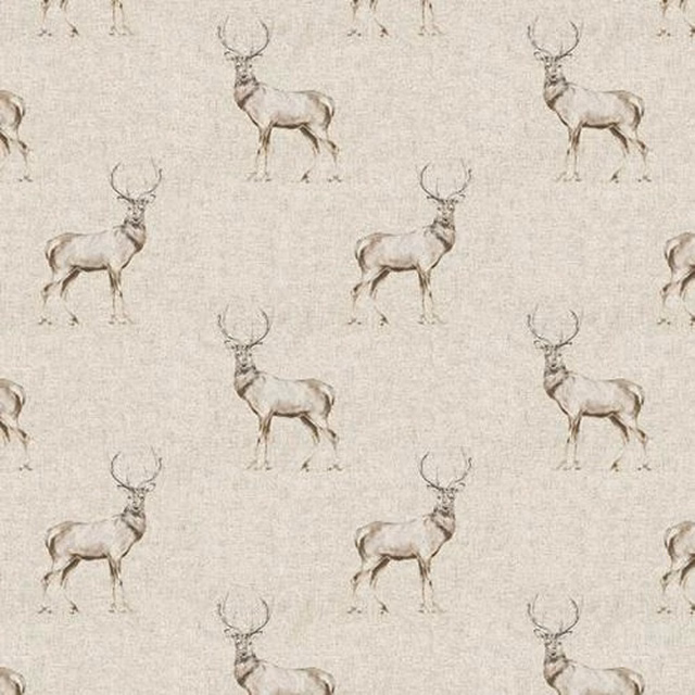 Natural beige cotton fabric with repeated sketched stag motif