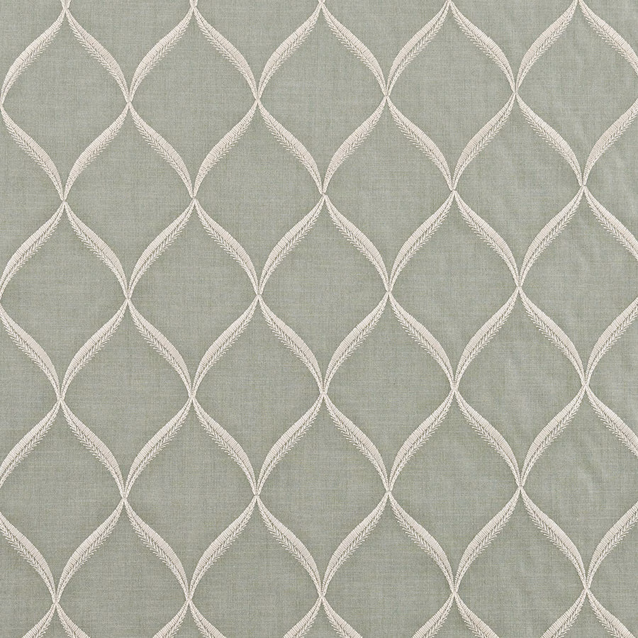 Soft verdigris green fabric with ivory looping diamond lattice