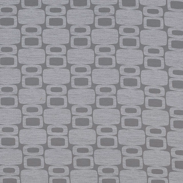 Grey geometric fabric swatch with rounded block repeat and textured weave