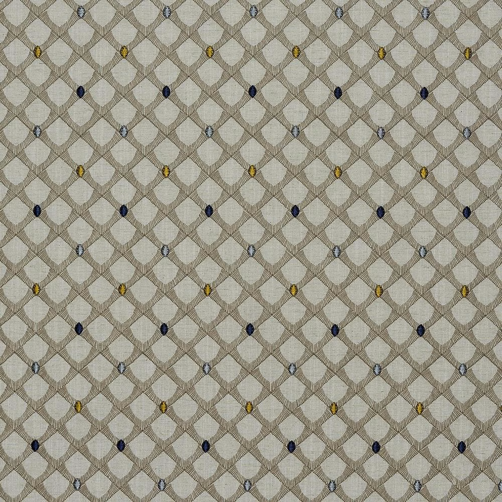 Beige geometric woven fabric with indigo, blue and yellow dot accents