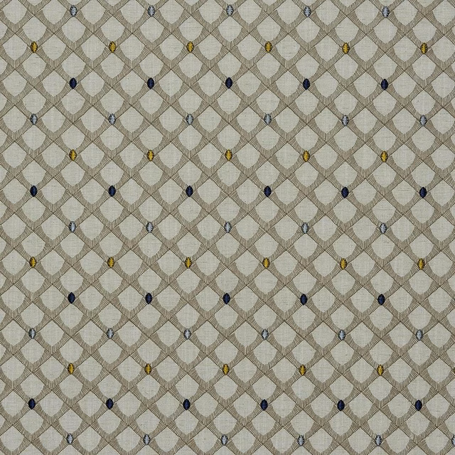 Beige geometric woven fabric with indigo, blue and yellow dot accents