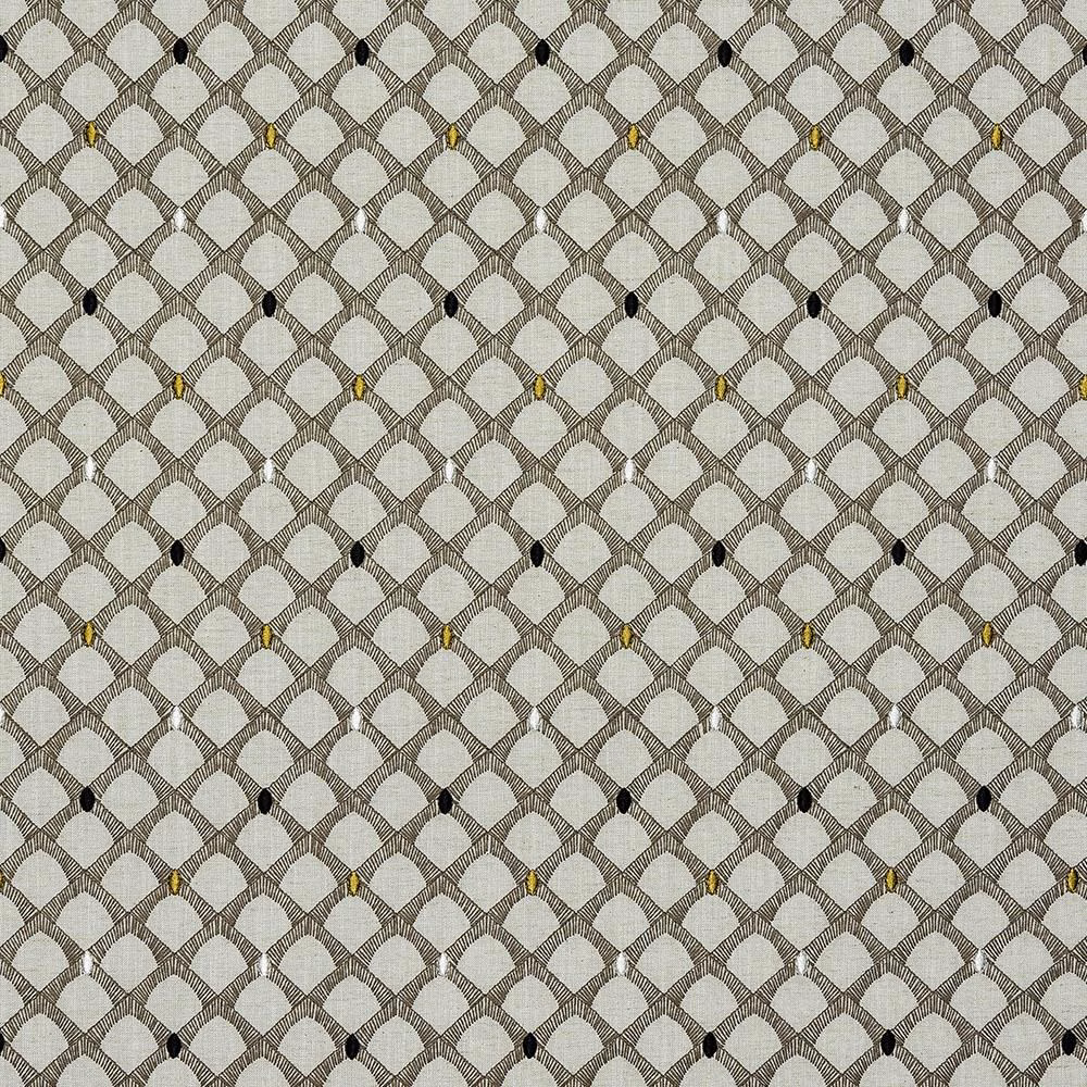 Close-up of Arlington Ochre geometric woven fabric in warm beige and ochre