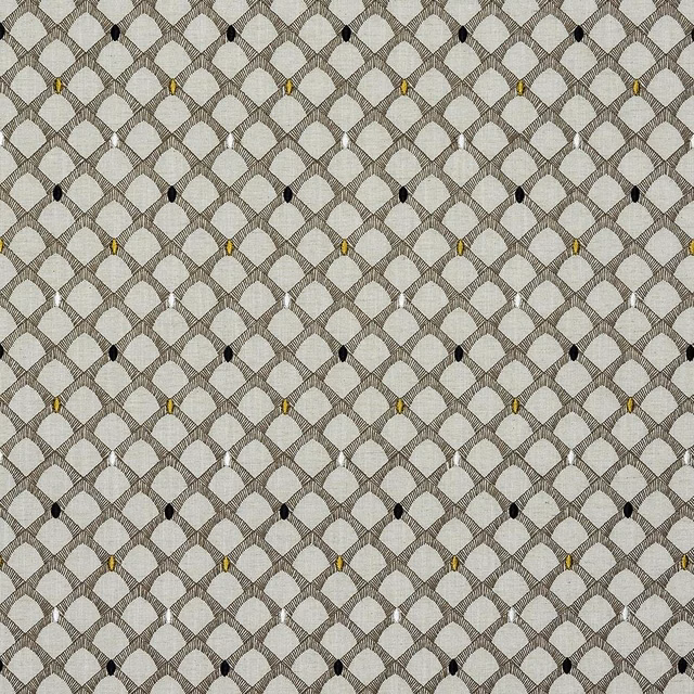 Close-up of Arlington Ochre geometric woven fabric in warm beige and ochre