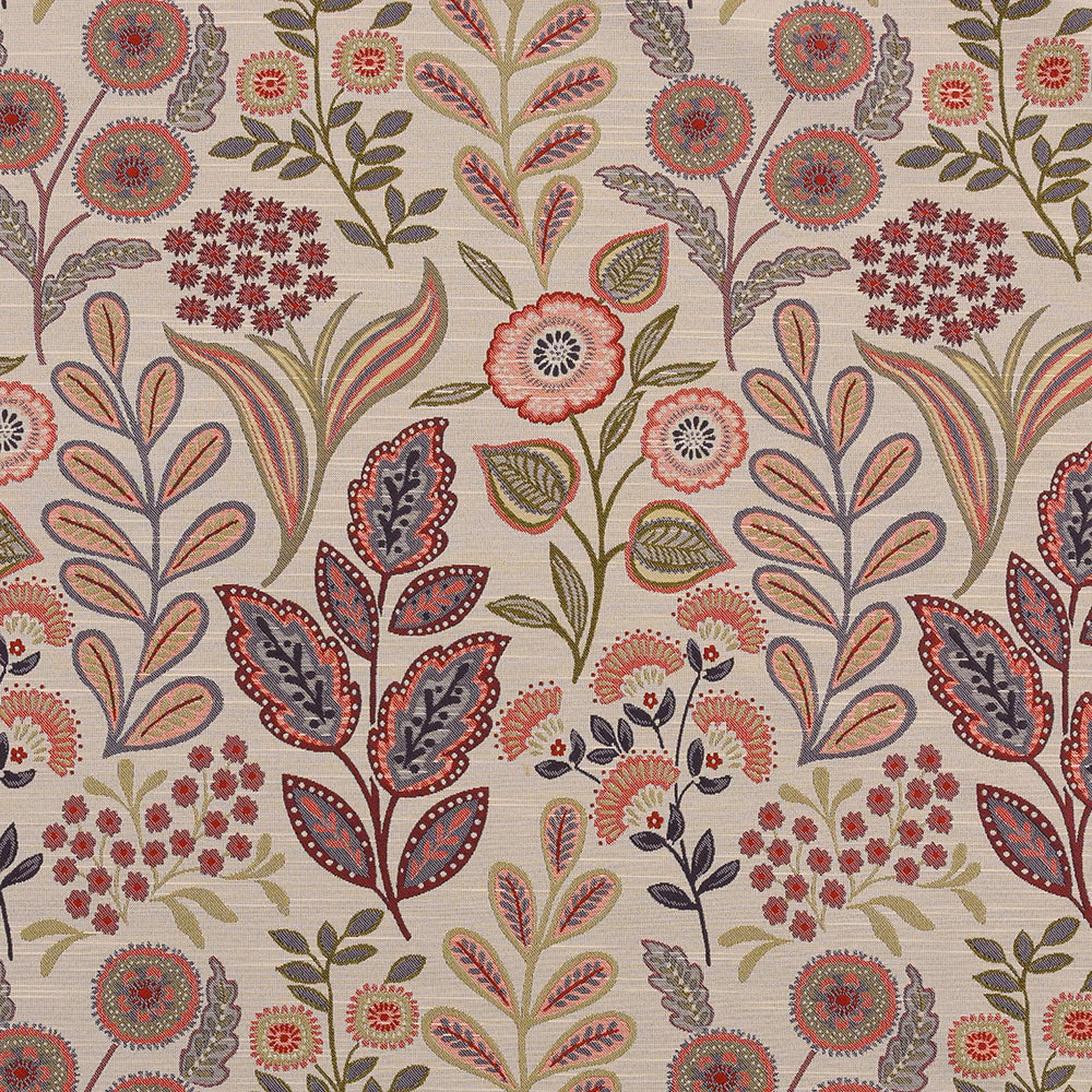 Cream botanical fabric with amethyst, berry and olive embroidered-style motifs