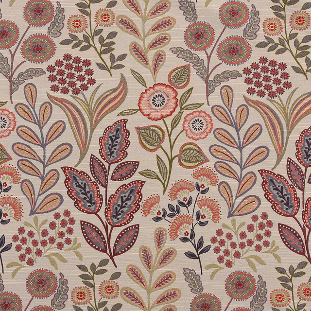 Cream botanical fabric with amethyst, berry and olive embroidered-style motifs