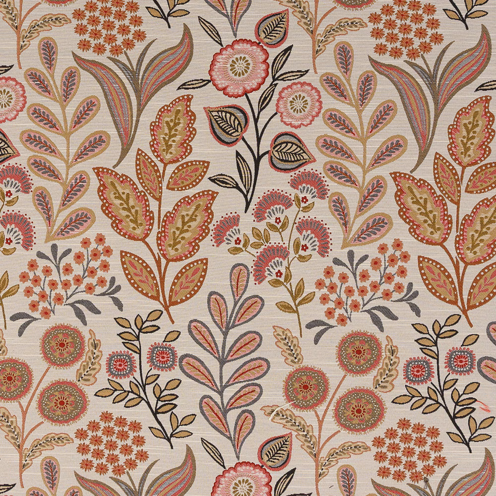 Botanical woven fabric with crimson, terracotta and taupe flowers on a pale ground