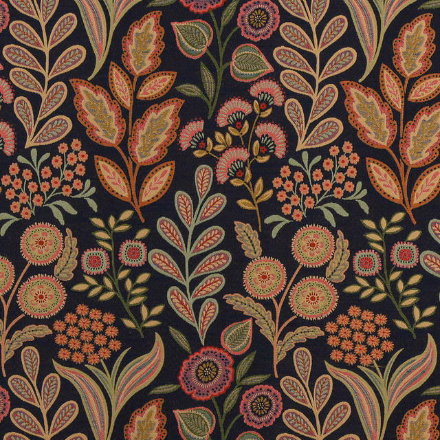 Deep indigo woven fabric with colourful embroidered floral and leaf motifs