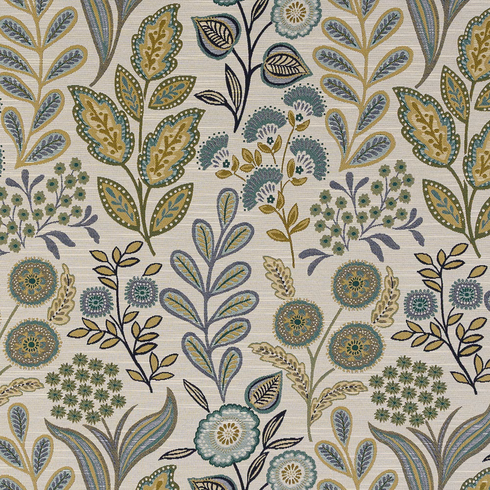Pale ground floral fabric with jade, teal and olive leaf motifs