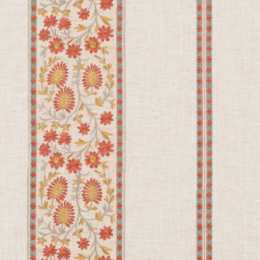 Vertical floral stripe on pale natural fabric with bordeaux, coral and gold flowers