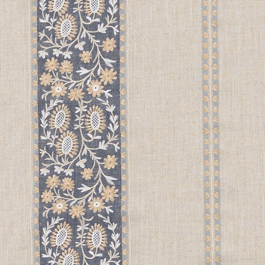 Ink blue striped fabric with cream floral vine and muted gold border motifs