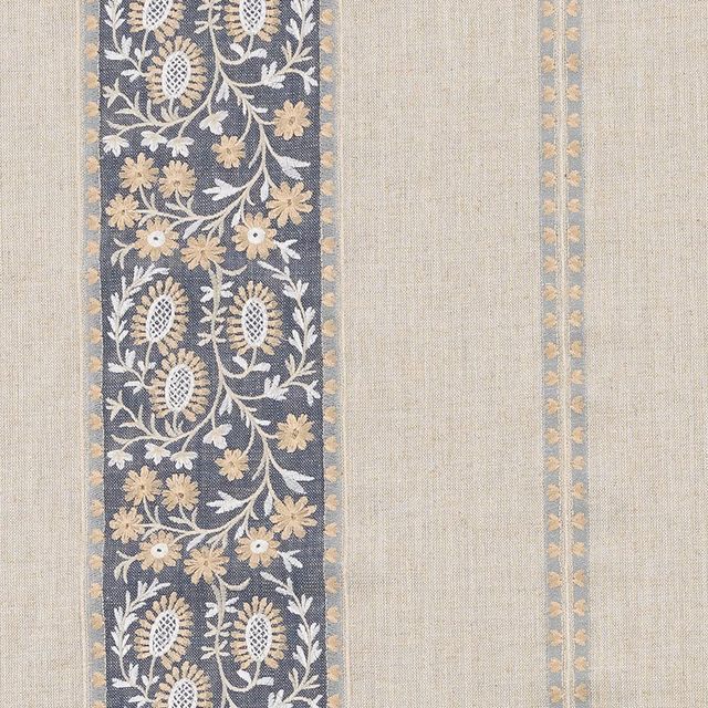 Ink blue striped fabric with cream floral vine and muted gold border motifs