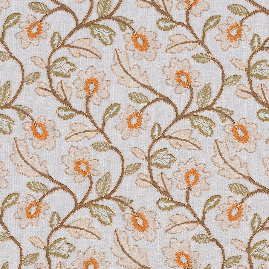 Soft natural floral fabric with sage leaves, orange centres and brown trailing stems