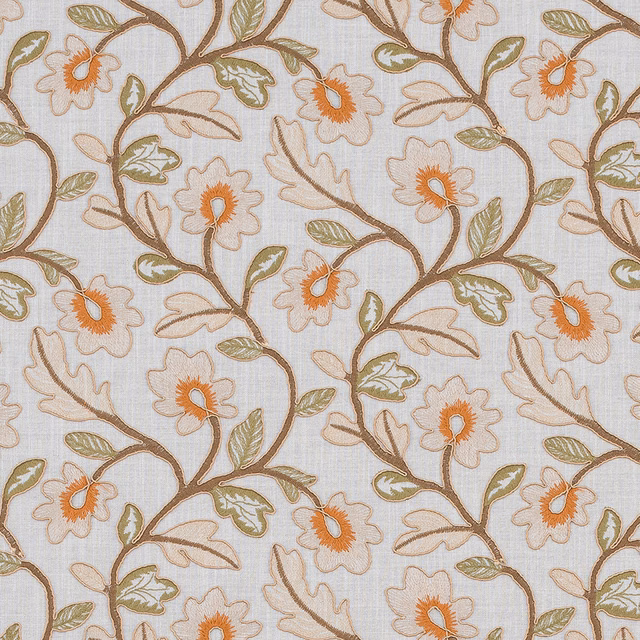Soft natural floral fabric with sage leaves, orange centres and brown trailing stems