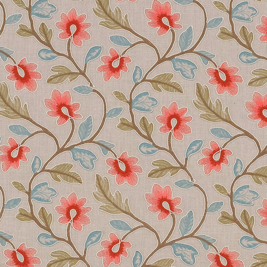 Floral woven fabric with rouge-red flowers, teal leaves and olive stems on a beige ground