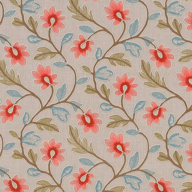 Floral woven fabric with rouge-red flowers, teal leaves and olive stems on a beige ground