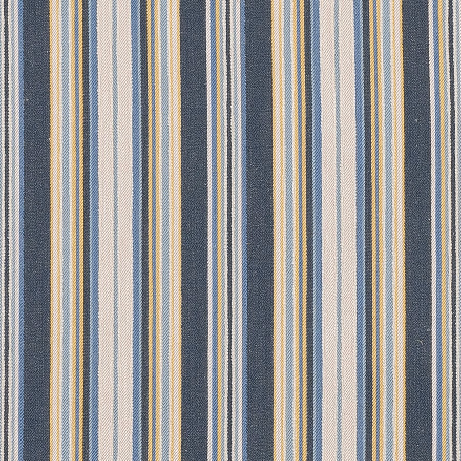 Vertical ink-blue stripe fabric with cream, grey and gold narrow bands