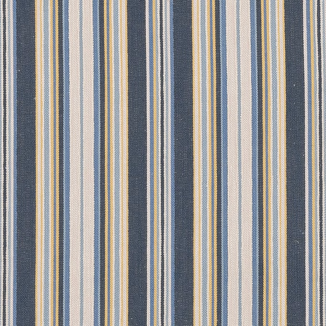 Vertical ink-blue stripe fabric with cream, grey and gold narrow bands