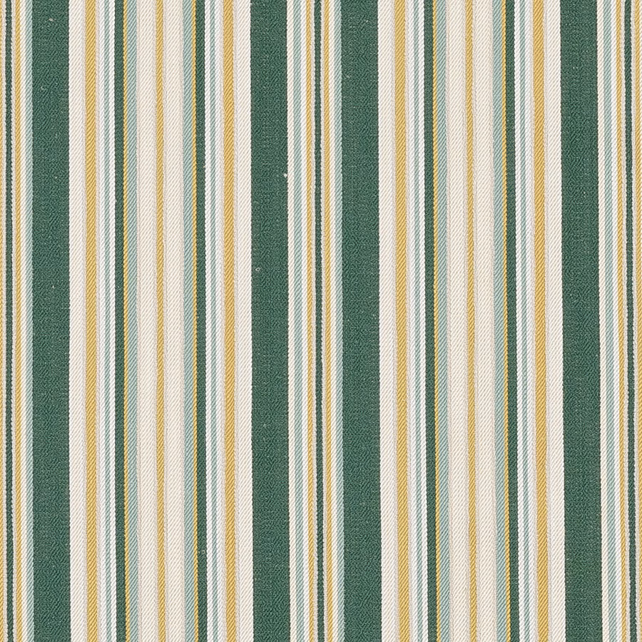 Vertical jade green stripes with cream and gold pinstripes on a woven fabric swatch