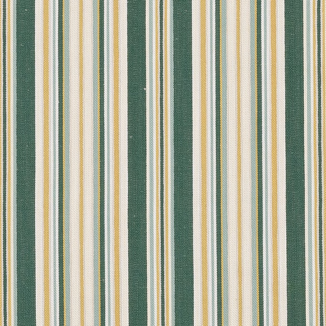 Vertical jade green stripes with cream and gold pinstripes on a woven fabric swatch