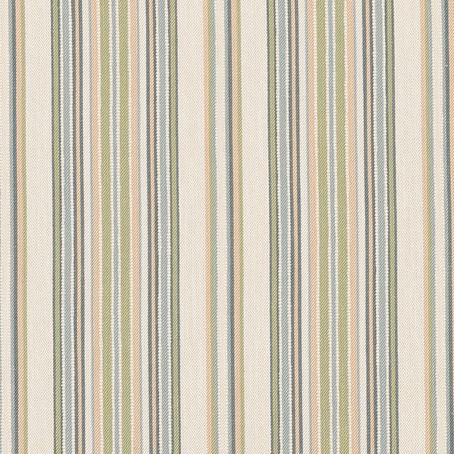 Vertical sage, blue-grey and blush stripes on an ivory woven fabric