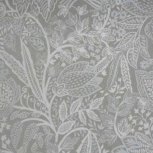 Duck egg blue woven fabric with a large leafy botanical pattern in pale tonal threads