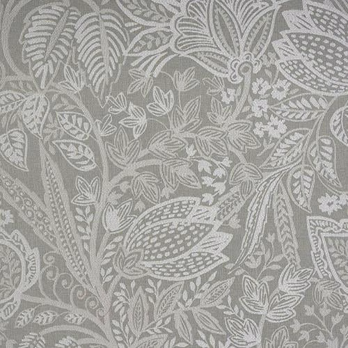 Grey botanical woven fabric with large leaf and foliage pattern