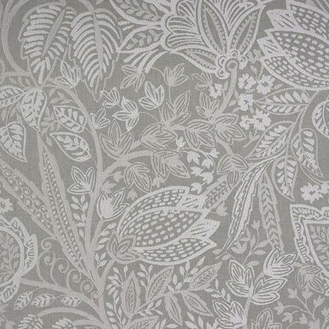 Grey botanical woven fabric with large leaf and foliage pattern