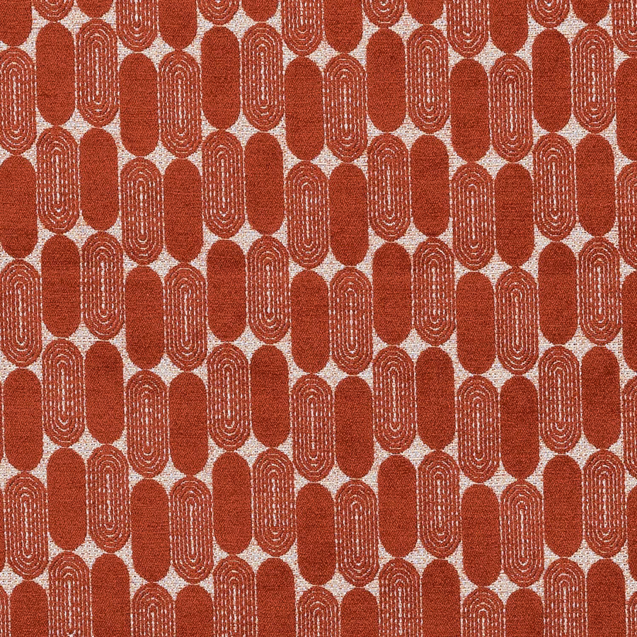 Brick red abstract woven fabric with rounded oval motifs on a pale ground