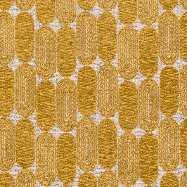 Honey mustard woven fabric with repeating elongated oval motif on pale ground