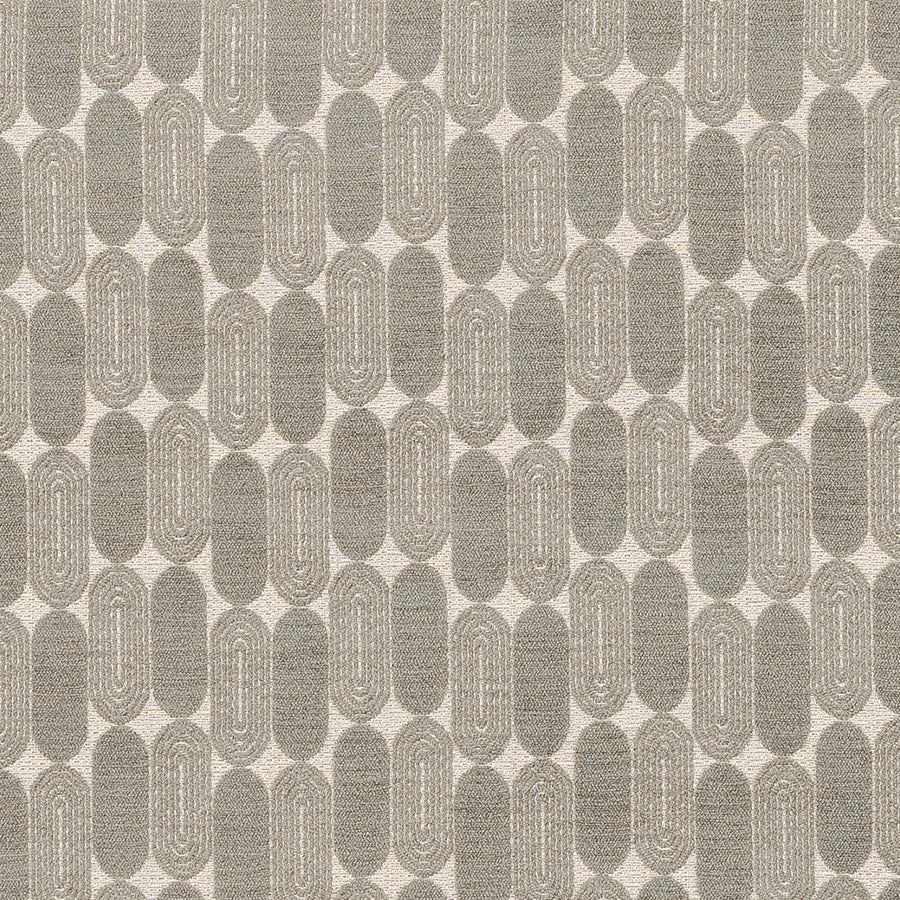 Taupe geometric fabric swatch with elongated oval motifs and a linen-like weave