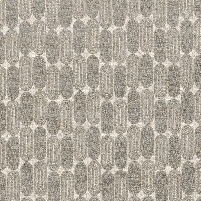 Taupe geometric fabric swatch with elongated oval motifs and a linen-like weave