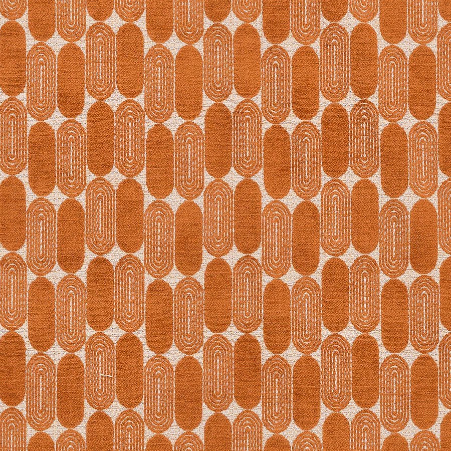Orange woven fabric with rounded oval motif on a pale ground